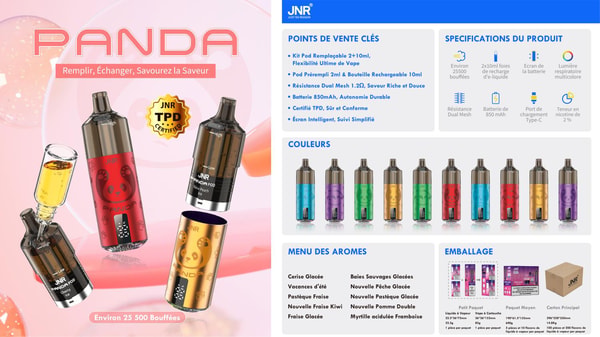 Advertisement poster for the JNR “PANDA” refillable vape kit showing several floating panda-branded cartridges, a row of multicolored pods, product specifications and flavor listings in French, and packaging images.