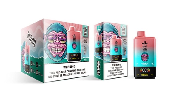 Disposable Bang King vape device and matching retail box in a pink-to-teal gradient, prominently labeled 50,000 puffs with a nicotine warning panel and colorful packaging graphics.
