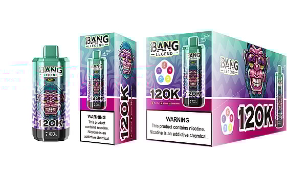 Retail packaging and matching teal, purple and pink disposable vape device branded "BANG Legend 120K" with colorful graphics, five-flavor color icons, and a prominent nicotine warning reading "This product contains nicotine. Nicotine is an addictive chemical."