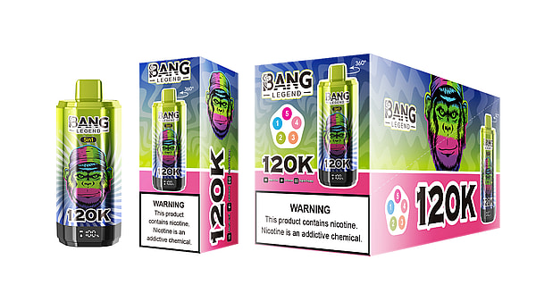 Neon green and pink disposable vape device with matching retail boxes branded "BANG Legend" and "120K", featuring a bold multicolor graphic, flavor icons, and a prominent nicotine warning label.
