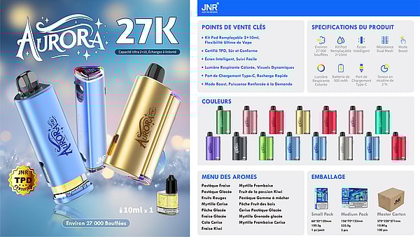 Promotional poster for the Aurora 27K rechargeable vape device showing three metallic pod units (blue, iridescent, and gold) with a small e-liquid bottle in front, large 'Aurora 27K' logo at top left and a right-hand panel listing product specifications, color variants, flavor menu and packaging options in French.