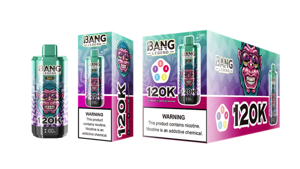 Retail packaging and matching teal, purple and pink disposable vape device branded "BANG Legend 120K" with colorful graphics, five-flavor color icons, and a prominent nicotine warning reading "This product contains nicotine. Nicotine is an addictive chemical."