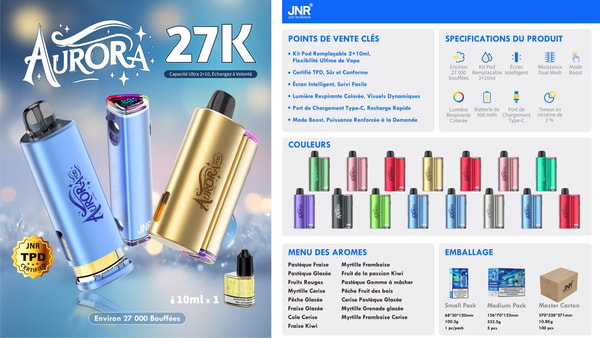 Promotional poster for the Aurora 27K rechargeable vape device showing three metallic pod units (blue, iridescent, and gold) with a small e-liquid bottle in front, large 'Aurora 27K' logo at top left and a right-hand panel listing product specifications, color variants, flavor menu and packaging options in French.