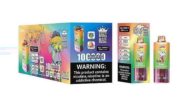 Bright rainbow-colored retail box and two matching disposable vape devices featuring a stylized cartoon monkey in sunglasses and a bandana, prominent 'Bang Blaze' branding with '6 in 1' and '10 puffs' text, a listed set of flavors, and a bold nicotine warning label.