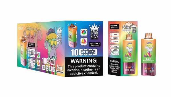 Bright rainbow-colored retail box and two matching disposable vape devices featuring a stylized cartoon monkey in sunglasses and a bandana, prominent 'Bang Blaze' branding with '6 in 1' and '10 puffs' text, a listed set of flavors, and a bold nicotine warning label.