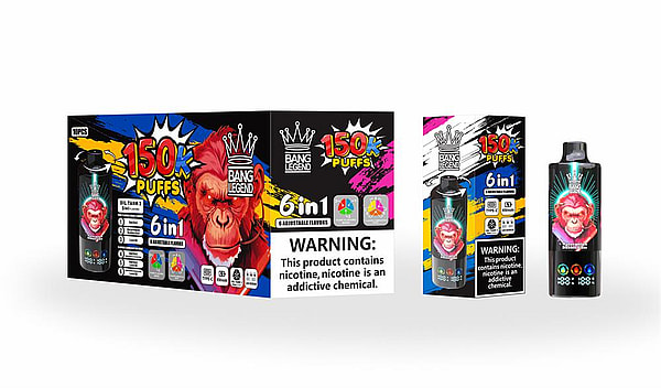 Colorful Bang Legend vape packaging and device displaying "150K Puffs" and "6 in 1" branding with vibrant red artwork, a product box and single-unit box, and a black pod-style disposable vape with neon accent graphics and a nicotine warning label.