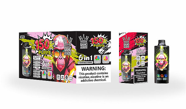 Brightly colored Bang Legend product packaging and matching disposable vape showing large “150K PUFFS” and “6-in-1 adjustable flavors” text, neon graffiti-style ape artwork, and a prominent nicotine warning label.