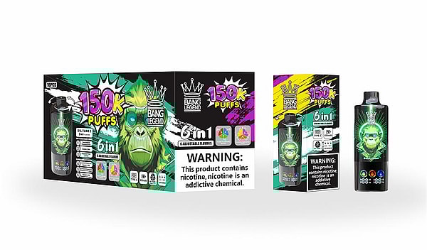 Colorful product packaging and matching vaping device labeled Bang Legend with prominent "150K puffs" and "6 in 1" graphics, neon green and purple artwork, flavor icons and a nicotine warning panel.