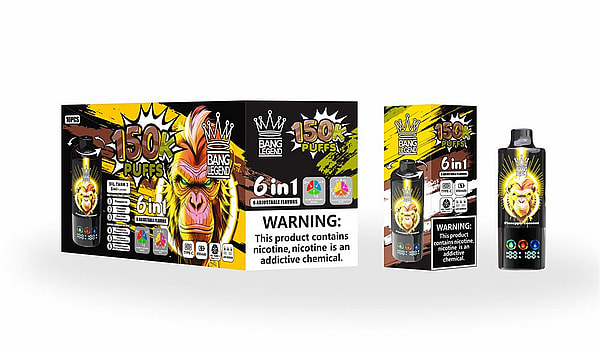 Retail box, sleeve and black disposable vape device branded 'Bang Legend' featuring a yellow-orange angry monkey illustration, large '150K puffs' and '6 in 1' text, flavor icons and a prominent nicotine warning label