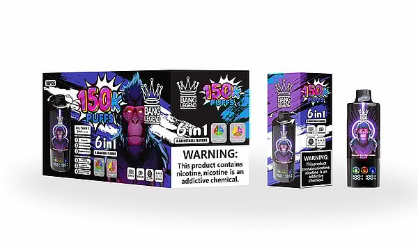 Colorful product display showing Bang Legend 6-in-1 vape device and its packaging with '150k puffs' branding, purple gorilla artwork, flavor icons, and a prominent nicotine warning label.