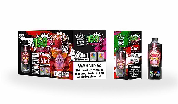 Colorful boxed set and matching vape device branded "Bang Legend" featuring a neon illustration of a monkey wearing sunglasses, bold "150K puffs" and "6-in-1" claims, flavor icons and a prominent nicotine warning label.