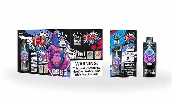 Brightly colored Bang Legend vape packaging and device showing a neon gorilla graphic, '150K Puffs' and '6-in-1' branding, and a prominent nicotine warning label.