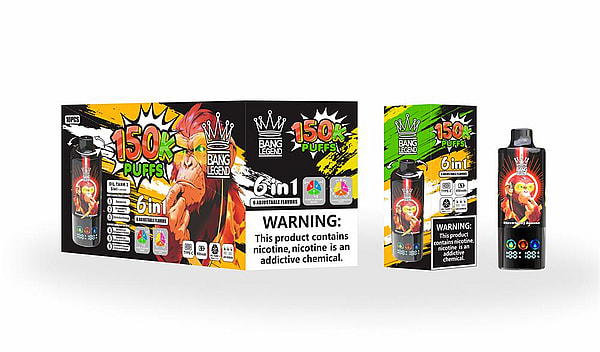 Product display showing a black Bang Legend disposable vape device and two matching retail boxes with bright comic-style crowned ape artwork, large '150K PUFFS' and '6-in-1 adjustable flavors' graphics, small flavor and control icons, and a prominent nicotine warning label.