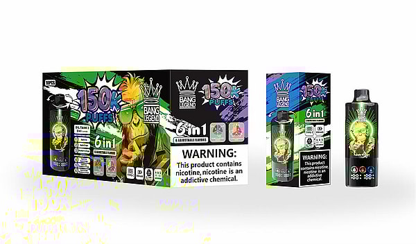 Colorful retail packaging and a single disposable vape device labeled “Bang Legend 150K Puffs 6-in-1,” featuring a stylized monkey wearing sunglasses and a prominent nicotine warning label.