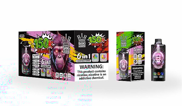 Three-part display of Bang Legend vape packaging and device, showing a stylized pink gorilla logo with crown, bold “150K Puffs” and “6in1” flavor icons on a colorful graffiti-style background, and a nicotine warning label.
