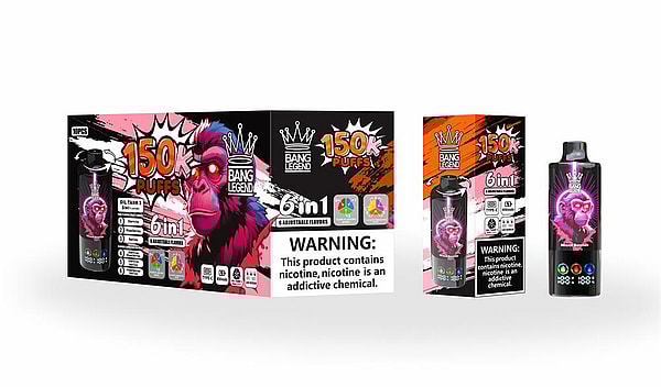 Retail display of a black vape device and two matching boxes on a white background, all featuring a neon pink-and-purple gorilla mascot, 'Bang Legend' logo, '150K Puffs' and '6in1' labels, flavor icons, and a prominent nicotine warning.