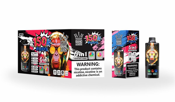 Colorful boxed set and matching disposable vape device branded 'Bang Legend' displaying '150K puffs' and '6 in 1 adjustable flavors' text, a vibrant monkey illustration, flavor icons and a prominent nicotine warning label.