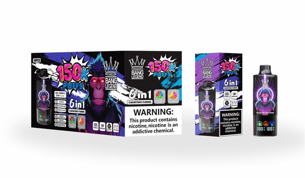 Colorful product display showing Bang Legend 6-in-1 vape device and its packaging with '150k puffs' branding, purple gorilla artwork, flavor icons, and a prominent nicotine warning label.