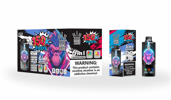 Brightly colored Bang Legend vape packaging and device showing a neon gorilla graphic, '150K Puffs' and '6-in-1' branding, and a prominent nicotine warning label.
