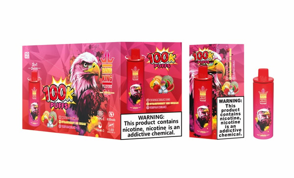 Three-panel view of bright pink boxed packaging and a matching disposable vape device branded with a large illustrated eagle and bold "100K PUFFS" text, showing fruit flavor images and a prominent WARNING: This product contains nicotine, nicotine is an addictive chemical label.