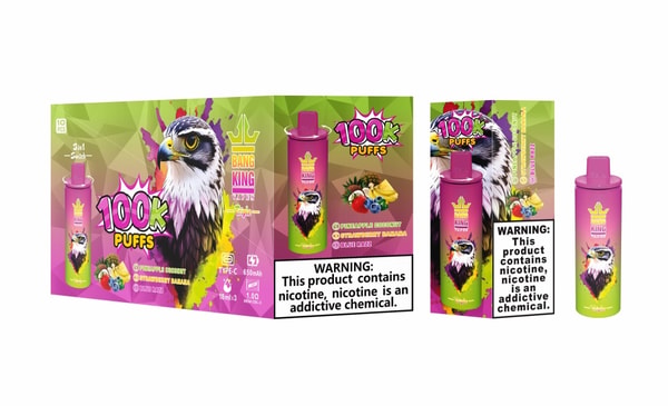 Boxed packaging and a cylindrical pink-green disposable vape labeled Bang King featuring a large illustrated eagle head, a prominent "100k puffs" banner, fruit flavor icons, and a bold nicotine warning label.