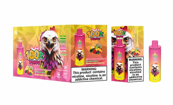Bright pink-and-yellow boxed packaging and a matching disposable vape device labeled "Bang King 100k Puffs" featuring a fierce eagle illustration, fruit graphics indicating flavors, and a prominent nicotine warning label.