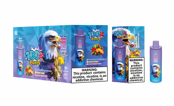 Colorful packaging and three purple disposable vape devices labeled "Bang King 100k Puffs" featuring a fierce eagle illustration, fruit images (raspberry, watermelon, mango, strawberry/kiwi), and a prominent black-and-white nicotine warning.