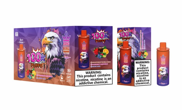 Colorful purple-and-orange boxed packaging for a Bang King disposable vape showing a large illustrated bald eagle, the prominent "100k puffs" logo, fruit images (berries and citrus), a red-orange cylindrical device, and a visible nicotine warning label stating the product contains nicotine and is addictive.
