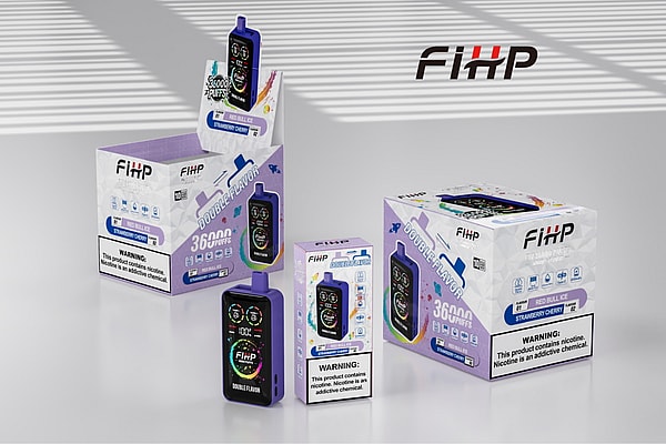 Three purple‑black FIHP disposable vape devices and several branded boxes labeled “Double Flavor” 36000 puffs with flavor names (Red Bull Ice, Strawberry Cherry) and nicotine warning panels, arranged on a glossy white surface with striped window shadows and the FIHP logo on the background wall.