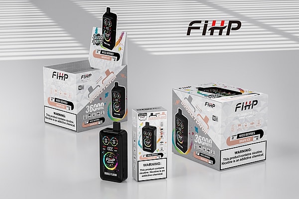 Several black FiHP disposable vape devices and their white retail boxes arranged on a glossy white surface, featuring colorful circular graphics, '36,000 puffs' and 'Mixed Berries / Grape Ice' flavor labels, prominent nicotine warning panels, striped shadow patterns, and a large FiHP logo on the back wall.