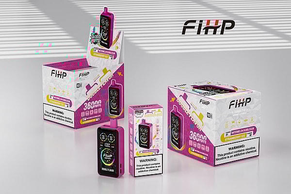 Three bright pink FIHP disposable vape devices and matching colorful boxes labeled 36000 puffs and flavor names (Watermelon Bubblegum, Strawberry Ice) arranged on a glossy surface beneath a large FIHP logo, with visible nicotine warning panels.