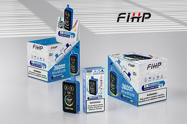 Array of FIHP-branded disposable vape devices and retail boxes in blue-and-white packaging displayed on a glossy surface, showing a black device with a colorful digital screen, 'Double Flavor' and '36000 puffs' labels, flavor 'Blueberry Ice', and prominent nicotine warning labels.