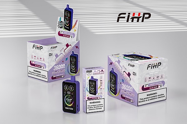 Several purple-and-white FIHP disposable vape devices and product boxes labeled “Double Flavor” and “36,000 puffs” with flavors Cherry Cola Ice and Blue Razz and nicotine warning labels, displayed on a light reflective surface with striped shadows and a FIHP logo on the backdrop.