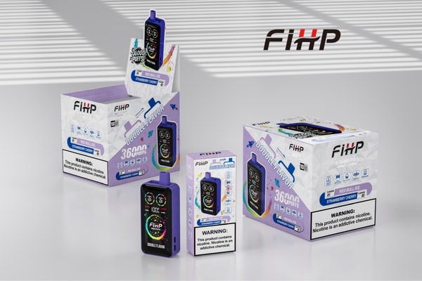 Three purple‑black FIHP disposable vape devices and several branded boxes labeled “Double Flavor” 36000 puffs with flavor names (Red Bull Ice, Strawberry Cherry) and nicotine warning panels, arranged on a glossy white surface with striped window shadows and the FIHP logo on the background wall.