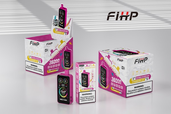 Three bright pink FIHP disposable vape devices and matching colorful boxes labeled 36000 puffs and flavor names (Watermelon Bubblegum, Strawberry Ice) arranged on a glossy surface beneath a large FIHP logo, with visible nicotine warning panels.
