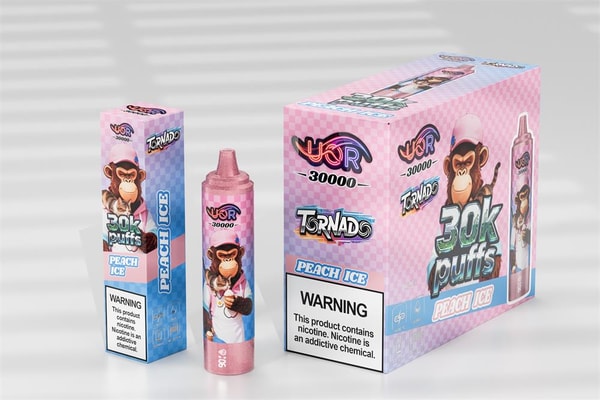 Three peach-pink and blue vape product packages and a matching glittery pink disposable device labeled "30K puffs" and "Peach Ice", featuring a cartoon monkey mascot, brand logos "VQR 30000" and "Tornado", and a visible nicotine warning box.