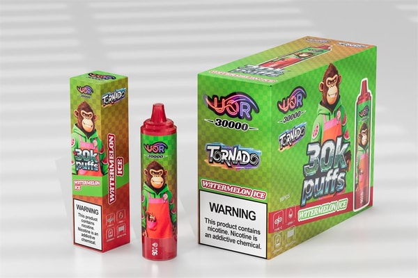 Three green-and-red watermelon-flavored vape products — a tall rectangular box, a red disposable vape device, and a larger display box — all labeled “30K puffs” and “Watermelon Ice” with a cartoon monkey mascot on a green checkerboard background and a prominent nicotine warning.