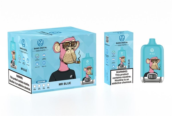 Blue retail box, sleeve and matching disposable vape device labeled 'Bang Digital 15000 Puffs' and 'Mr Blue', featuring a stylized pink cartoon monkey wearing sunglasses and smoking a cigar, nicotine strength indicators and a visible warning that the product contains nicotine.