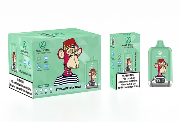 Mint-green Bang Digital 'Strawberry Kiwi' disposable vape box and matching device (15,000 puffs) featuring a bored cartoon ape wearing a fez and striped shirt, a visible nicotine warning label, and a digital puff counter.