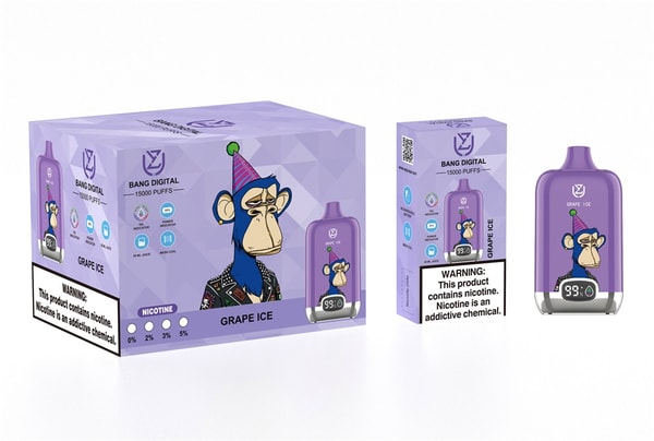 Purple boxed packaging and matching disposable vape device labeled "Bang Digital 15000 Puffs" and "Grape Ice", featuring a bored-looking cartoon ape in a party hat and studded jacket and a nicotine warning label.