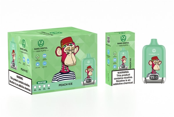 Bright mint-green Bang Digital vaping kit packaging and matching disposable device labeled “Peach Ice — 15000 puffs,” featuring a bored-ape cartoon wearing a red fez and striped shirt and a prominent nicotine warning on the box.