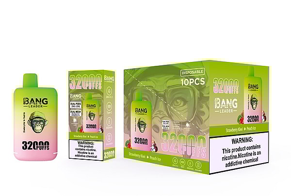 Disposable vape device, single retail box, and 10-piece carton in a green-to-pink gradient labeled "BANG Leader" and "32000 PUFFS" with a monkey logo, flavor text "Strawberry Kiwi • Peach Ice" and a prominent nicotine warning.