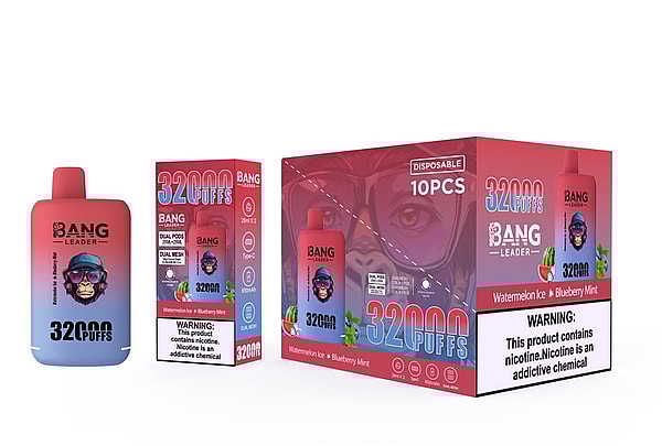 Gradient pink-to-blue disposable vape devices and matching retail boxes labeled BANG LEADER and 32000 PUFFS, advertising Watermelon Ice and Blueberry Mint flavors with a 10-piece display box and nicotine warning on the packaging.
