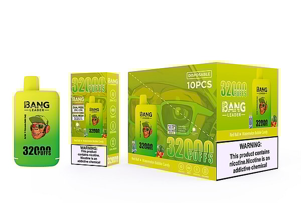 Green-yellow disposable vape device and matching retail packaging labeled BANG Leader 32000 PUFFS with a cartoon monkey logo, a 10-piece display box and a prominent nicotine warning label.