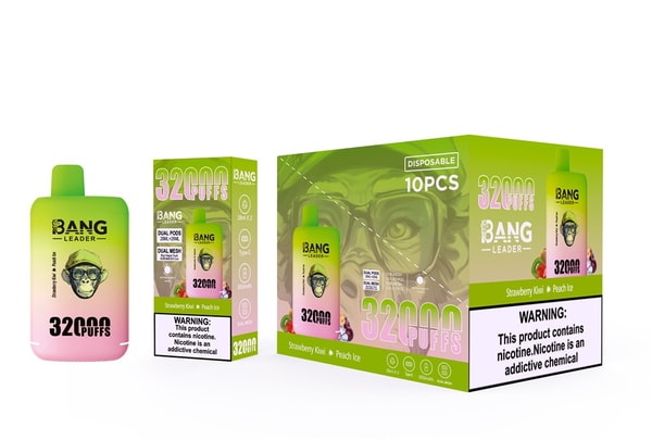 Disposable vape device, single retail box, and 10-piece carton in a green-to-pink gradient labeled "BANG Leader" and "32000 PUFFS" with a monkey logo, flavor text "Strawberry Kiwi • Peach Ice" and a prominent nicotine warning.