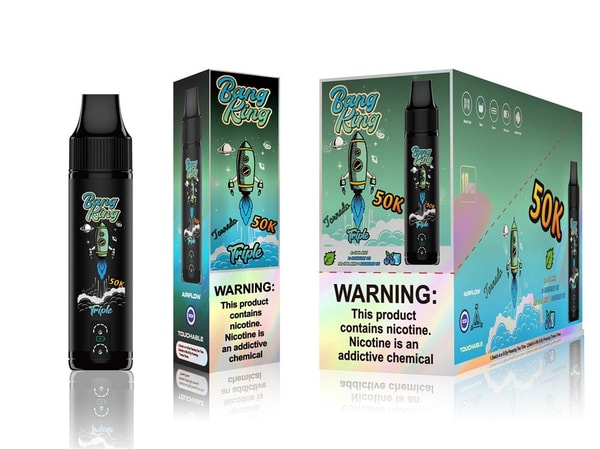 Black disposable vape device standing next to two holographic retail boxes labeled “Bang King” featuring a cartoon rocket, “50K” branding and a prominent nicotine warning, on a white background