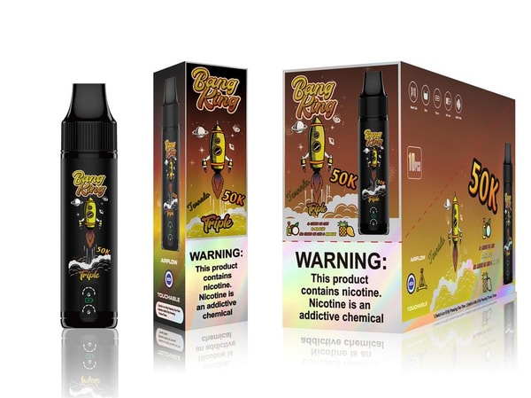 Black disposable vape pen with yellow rocket logo and 'Bang King' branding shown next to two matching product boxes featuring the same rocket artwork, a large '50K' label and a prominent nicotine warning on a brown-to-gold gradient background.