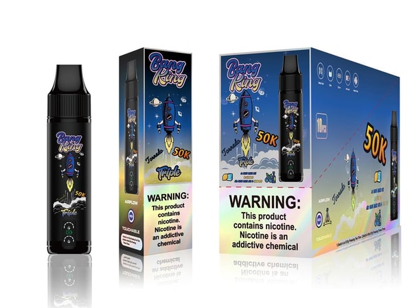 Black disposable vape device next to its colorful retail boxes labeled "Bang King" with a cartoon rocket and '50K' branding, showing a prominent nicotine warning that the product contains nicotine and is addictive.
