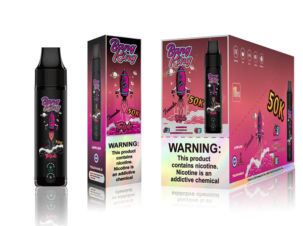 Black disposable vape pen shown alongside two pink-to-purple branded boxes labeled 'Bang King' featuring a cartoon rocket with a '50K' mark, airflow and touchable icons, and a prominent nicotine warning, all reflected on a white background.
