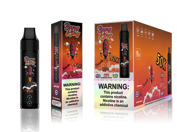 Three Bang Ring vape products: a black disposable vape pen decorated with a pink rocket graphic and matching orange-gradient retail boxes featuring the cartoon rocket, large '50K' branding and a prominent nicotine warning label.